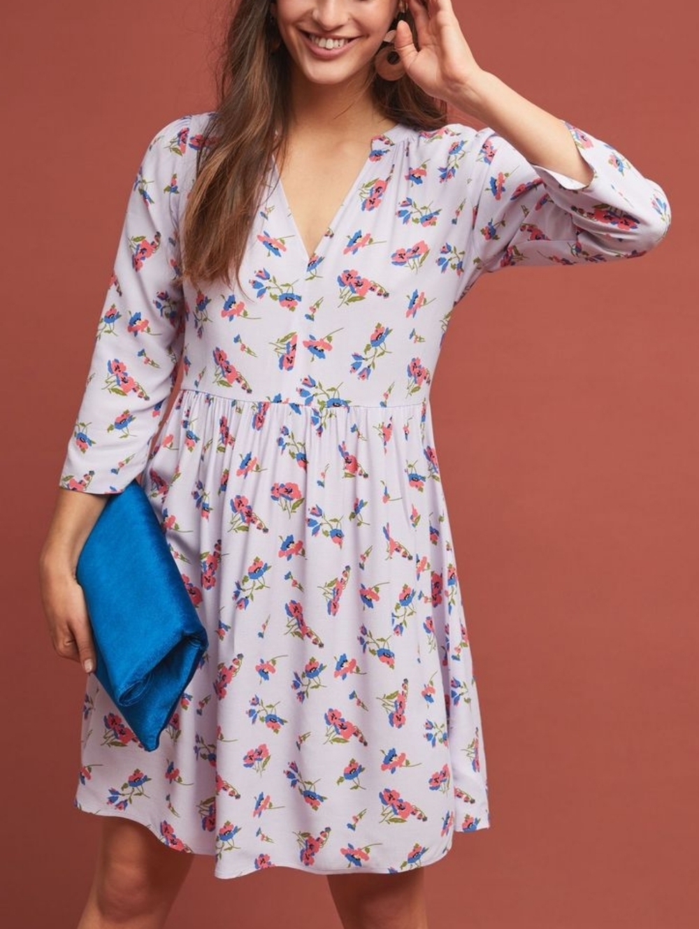 Anthropologie Maeve Juno Purple Lavender Floral Printed V Neck Mini Dress